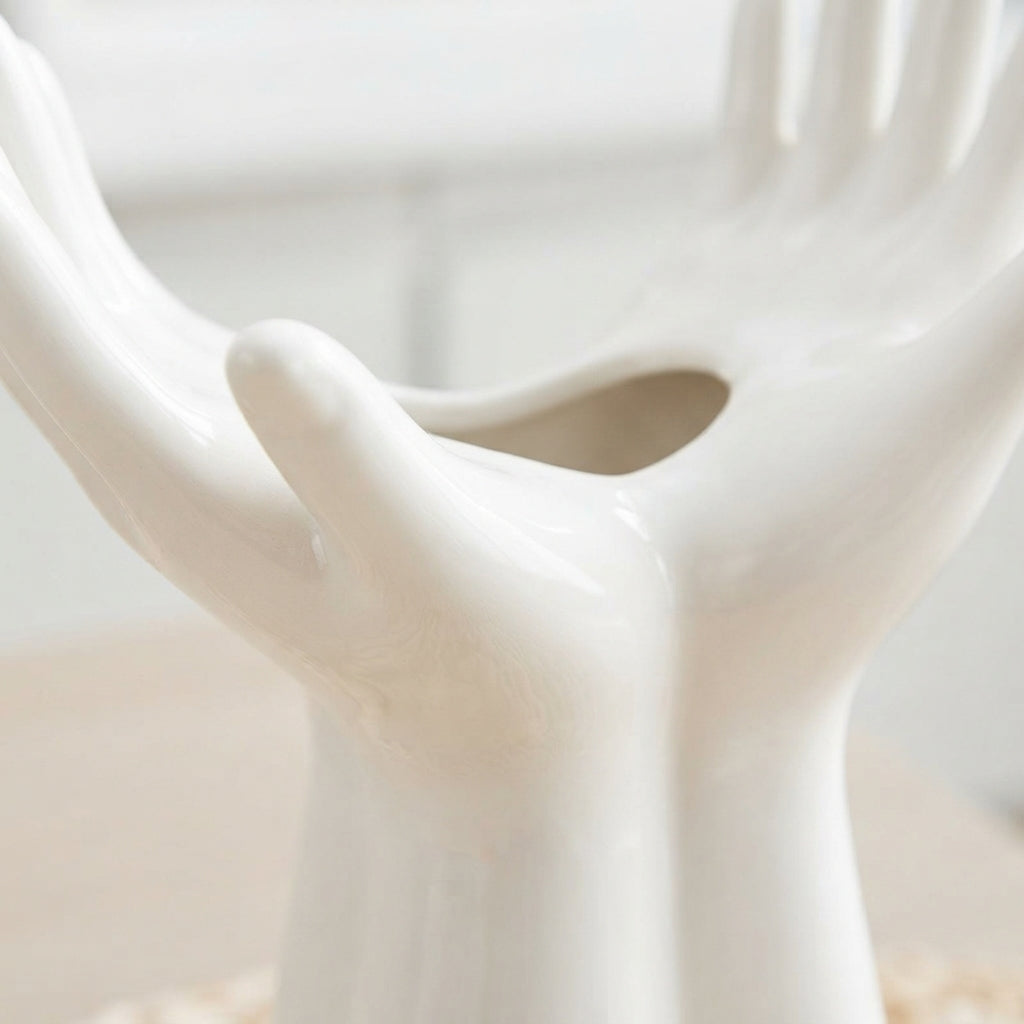 White Hand-Shaped Ceramic Vase, Sculptural Flower Vase, Modern Tabletop Decor