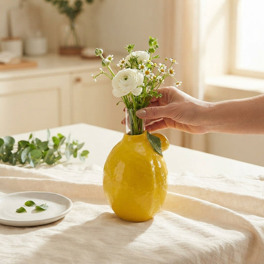 Lemon Ceramic Vase, Yellow Fruit Vase, Nordic Home Decor, Small Tabletop Flower Vase, Kitchen Shelf Accent