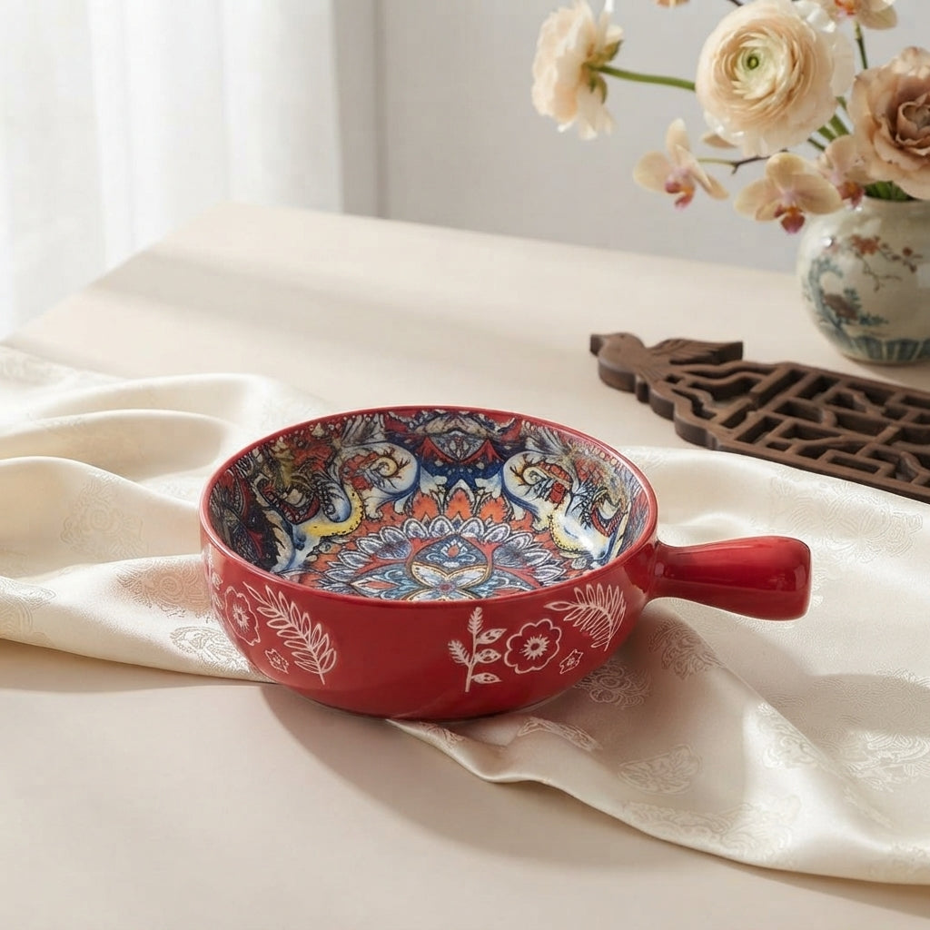 Hand Painted Ceramic Pasta Bowl with Handle, Colorful Relief Serving Bowl