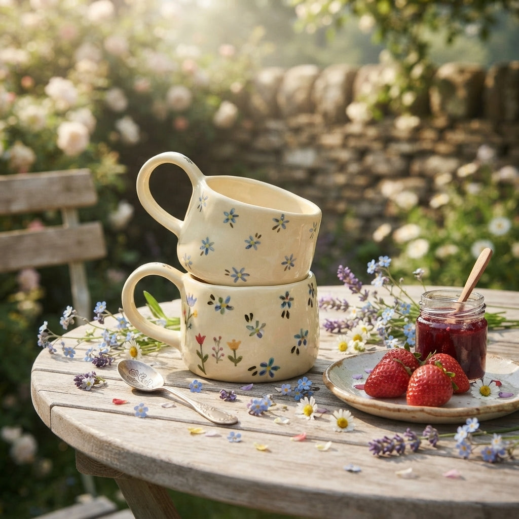 Whimsical Floral Ceramic Mug, Korean Style Coffee Cup, Garden Tea Mug