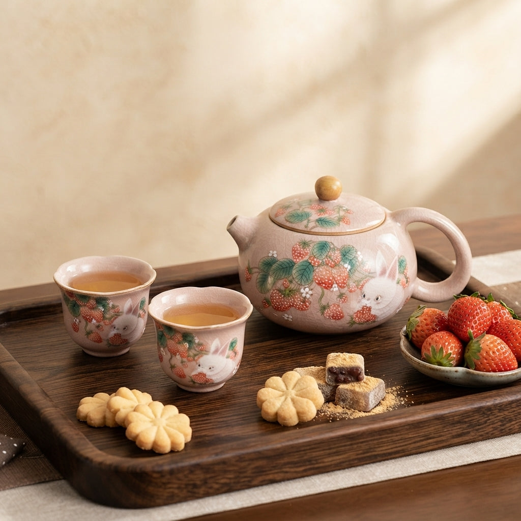 Antique Pink Ru Kiln Teacup Strawberry Rabbit 1 Pot 2 Cups Chinese Tea Making Xishi Kettle Teapot and Tea Cup Set Kung Fu Teaset