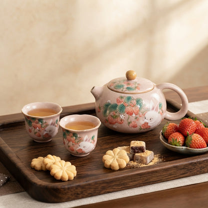 Antique Pink Ru Kiln Teacup Strawberry Rabbit 1 Pot 2 Cups Chinese Tea Making Xishi Kettle Teapot and Tea Cup Set Kung Fu Teaset